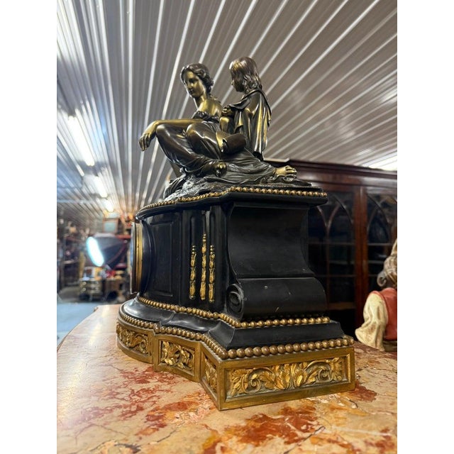 Metal Raingo Freres Bronze and Slate French Louis XV Style Figural Mantel Clock For Sale - Image 7 of 12