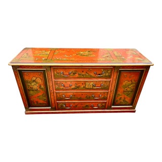 Antique English Georgian Style Chinoiserie Hand Painted Walnut Sideboard For Sale