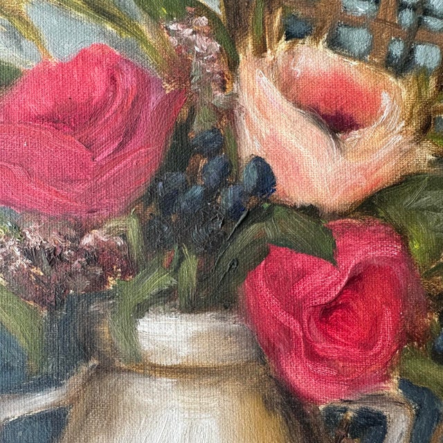 Roses and Berries in Vase Still Life Framed Oil Painting, the Weaver's Table by Artist Kristin Ashman For Sale - Image 9 of 10