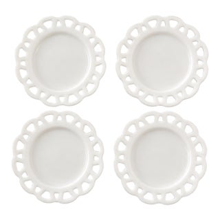 Hazel-Atlas White Milk Glass Open Lace Edge Luncheon Plates, Set of 4 – 8.25” For Sale