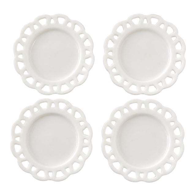 Hazel-Atlas White Milk Glass Open Lace Edge Luncheon Plates, Set of 4 – 8.25” For Sale