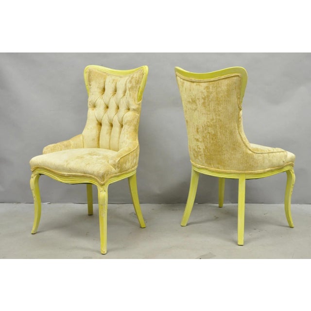 Vintage French Hollywood Regency Yellow Tufted Drape Carved Side Chairs - A Pair For Sale - Image 16 of 16