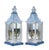 A pair of vintage blue and white Chinese-style pagoda wall lamps with two lights. The metal-spiked support columns and top...