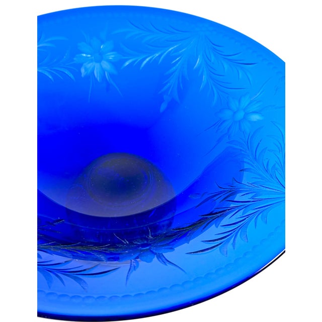 Pairpoint Cobalt Blue Engraved Floral Center Bowl Controlled Bubble Pedestal For Sale - Image 4 of 14
