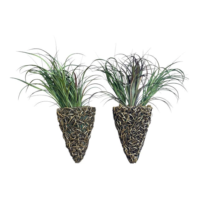 Vintage Palecek Faux Rattan Wall Planters With Faux Grasses - A Pair For Sale