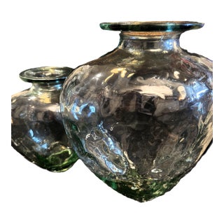 Vintage Statement Hand-Blown Recycled Glass Dimpled Vessels Spain - Pair (14.25" / 11.5") For Sale