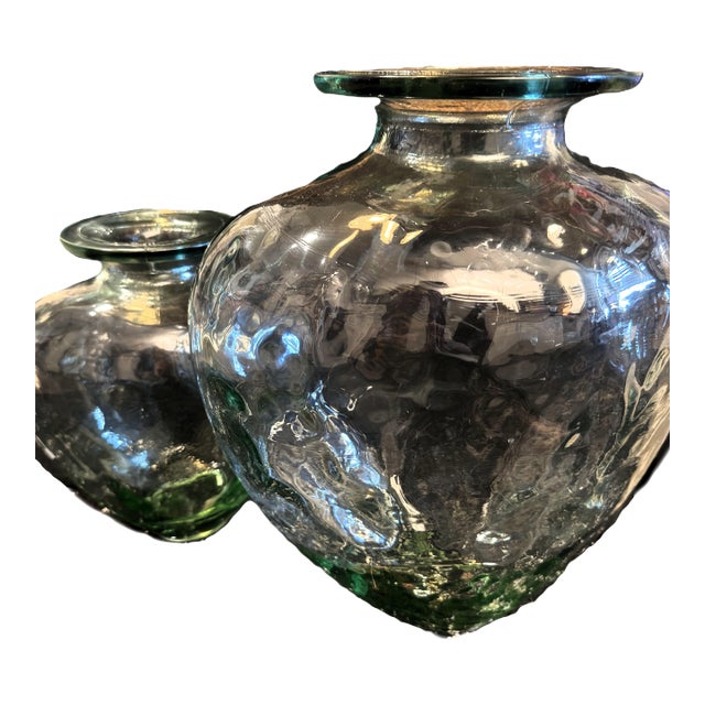 Vintage Statement Hand-Blown Recycled Glass Dimpled Vessels Spain - Pair (14.25" / 11.5") For Sale