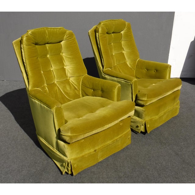 Mid Century Modern Tufted Green Velvet Swivel Chairs - a ...