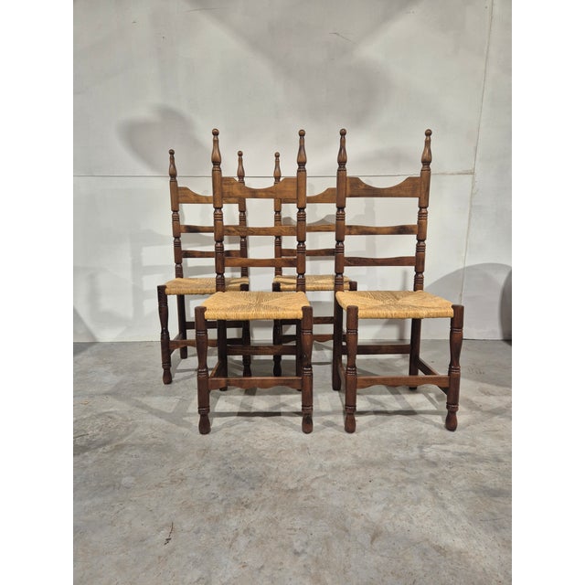 Wood Vintage Rustic Wooden Chairs with Rush Seat, 1960s, Set of 4 For Sale - Image 7 of 7