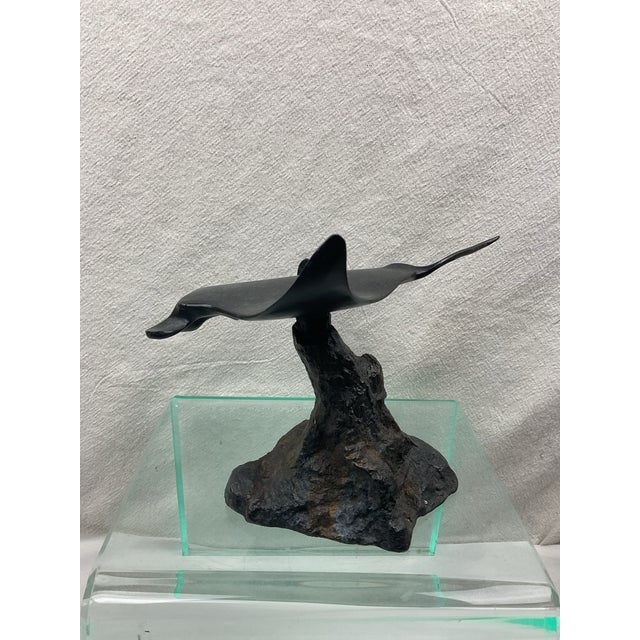 1970s Bronze, Patinated Manta Ray Sculpture on Rocky Base - attributed to Robert Wyland For Sale - Image 4 of 7