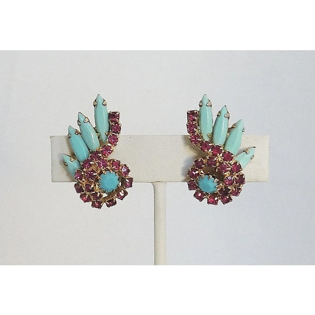 Vintage 1960s Faux-Turquoise & Faux-Ruby Rhinestone Earrings - 2 Pieces For Sale - Image 4 of 6