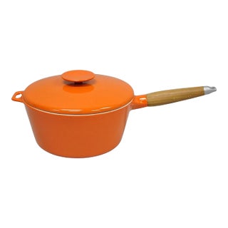Late 20th Century Mid Century Modern Copco Michael Lax Orange Enameled Cast Iron Saucepan Denmark W / Lid For Sale
