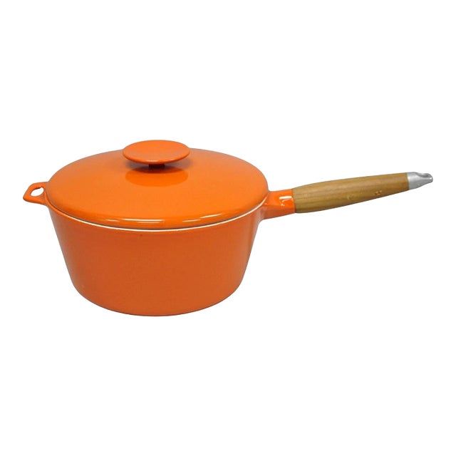 Late 20th Century Mid Century Modern Copco Michael Lax Orange Enameled Cast Iron Saucepan Denmark W / Lid For Sale