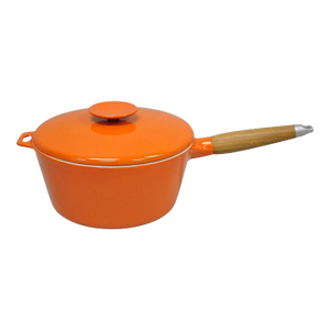 Late 20th Century Mid Century Modern Copco Michael Lax Orange Enameled Cast Iron Saucepan Denmark W / Lid