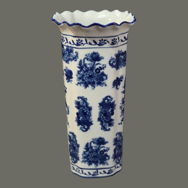 Chinoiserie Vintage Asian Chinoiserie Blue & White Ruffled Top Floral 12'' High Vase For Sale - Image 3 of 8