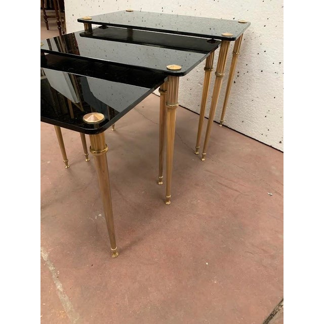 Nesting Table in Brass and Black Glass, 20th Century, Set of 3 For Sale - Image 4 of 12