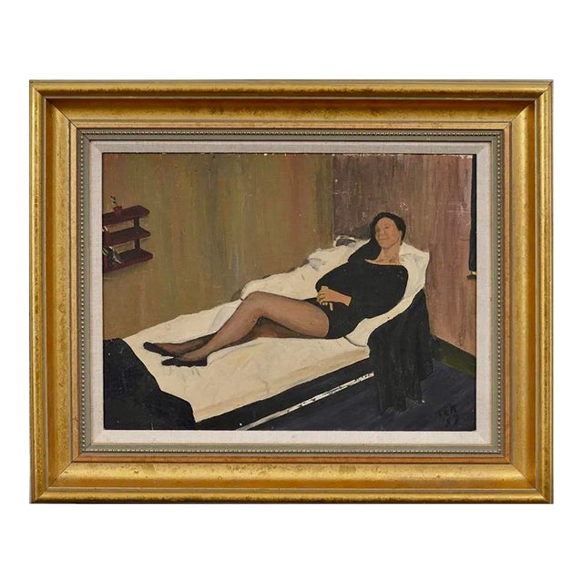 Vintage Oil Painting of a Reclining Woman With Vintage Gold Frame For Sale