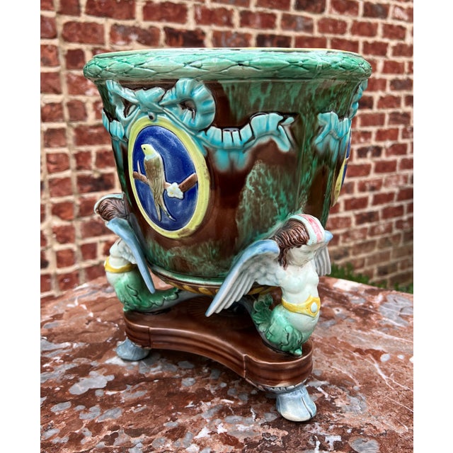 Late 19th Century Antique English Majolica Cache Pot Planter Bowl Footed Jardiniere Angels Birds For Sale - Image 5 of 13