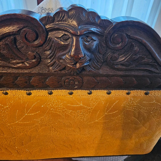 Late 19th Century 19th-Century Continental Renaissance Style Carved Walnut Lion Armchair in Gold Velvet For Sale - Image 5 of 7
