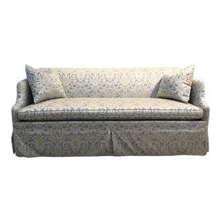 Hickory Chair Traditional Blue and Silver Damask Sateen Skirted Sofa For Sale