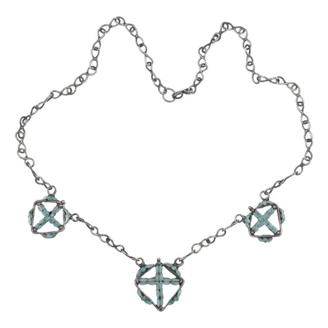 Zuni Dishta Silver Flush Inlay Turquoise Necklace For Sale
