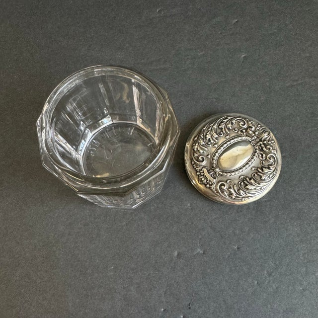 Transparent Sterling Silver Vanity Jar Victorian Glass Dresser Jar With Repousse Lid For Sale - Image 8 of 11