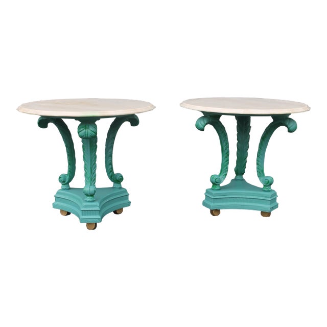 1920's Art Deco Marble Top Patinated Metal Feather/ Plume Side Tables a - Pair For Sale