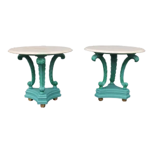 1920's Art Deco Marble Top Patinated Metal Feather/ Plume Side Tables a - Pair
