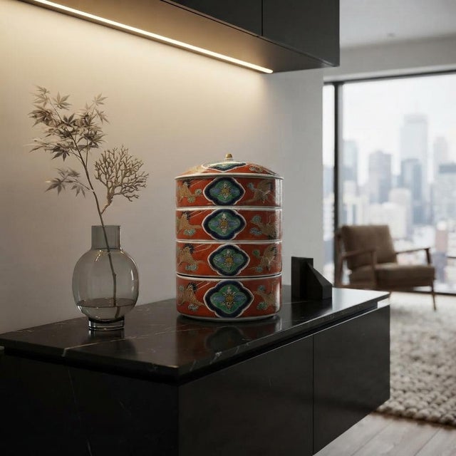 Vintage Oriental Iron Red Round Cranes Graphic Stack Container Box For Sale - Image 4 of 8