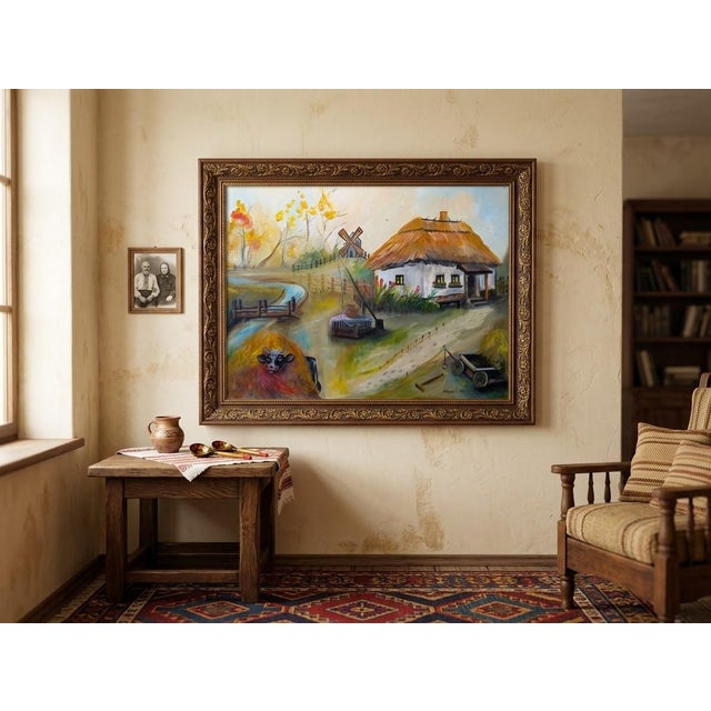 Rustic Tetiana Andriyovych Rustic Village Scene With Thatched Roof House, Windmill, Cow – Autumn Landscape Art For Sale - Image 3 of 8