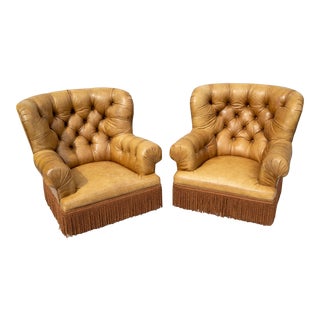 1990s Vintage Distressed Tufted Tan Leather Library Writers Chairs with Fringe Tassels - a Pair For Sale