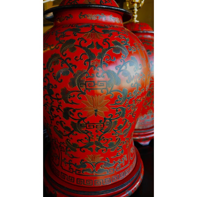 Mid 20th Century Mid 20th Century Chinese Red Lacquer Temple Ginger Jar Table Lamps - a Pair For Sale - Image 5 of 7