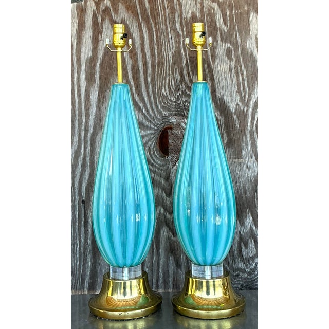 Mid-Century Modern Mid 20th Century Italian Turquoise Glass Lamps After Murano For Sale - Image 3 of 9