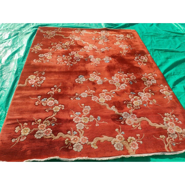 Art Deco 1930s Red Floral Modern Antique Chinese Art Deco Rug 8' X 10'2" Handknotted Wool Carpet For Sale - Image 3 of 14