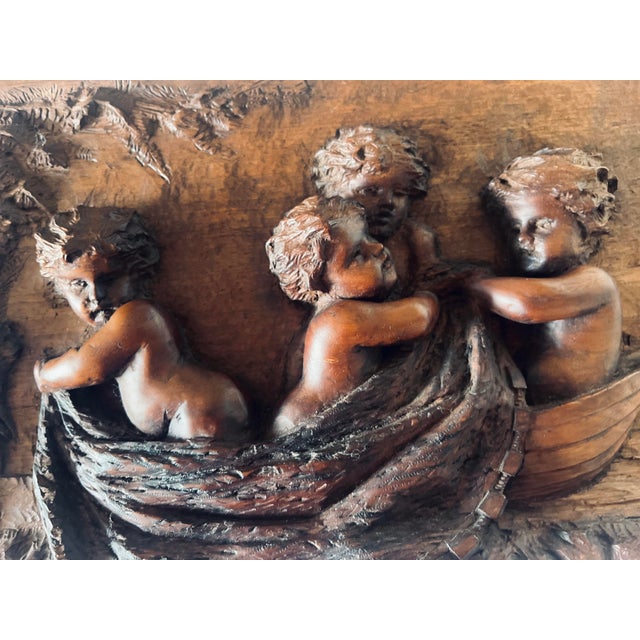 Exquisite high-relief wooden wall panel or plaque featuring mythological scene. It is beautifully hand carved out of One...