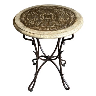Late 20th Century Mediterranean Style Decorative Inlaid Accent Table With Wrought Iron Base For Sale