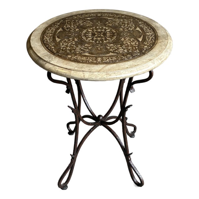 Late 20th Century Mediterranean Style Decorative Inlaid Accent Table With Wrought Iron Base For Sale