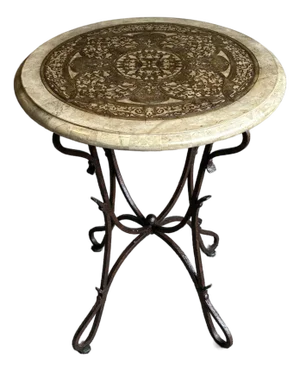 Late 20th Century Mediterranean Style Decorative Inlaid Accent Table With Wrought Iron Base