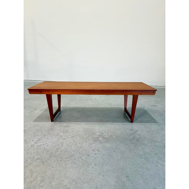 Folke Ohlsson Large Mid Century Modern Danish Teak Bench With Pull Out Tray For Sale - Image 4 of 12