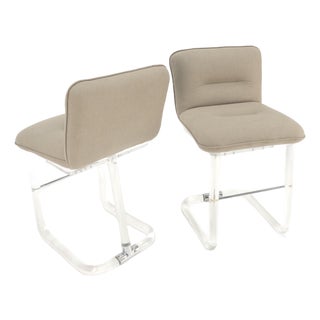 Pair Bent Lucite 1970s New Alcantera Upholstery Swivel Barstool Chairs Chairs For Sale