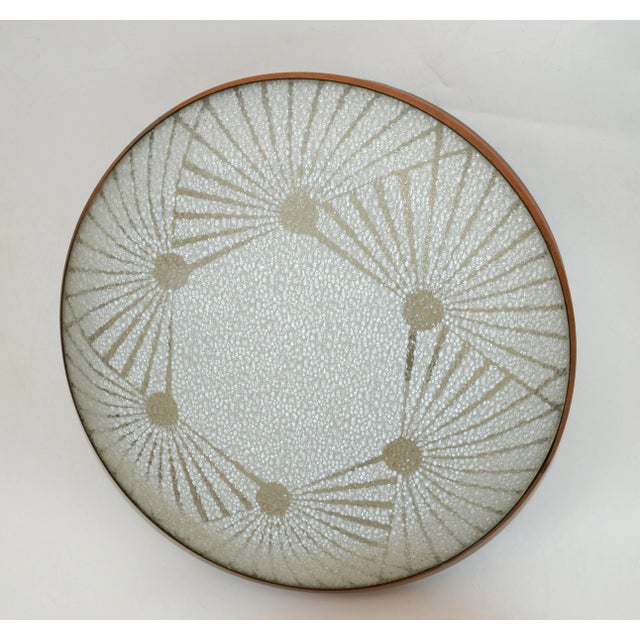 Austrian Frosted Glass & Teak Flush Mount Mid-Century Modern For Sale In Miami - Image 6 of 12