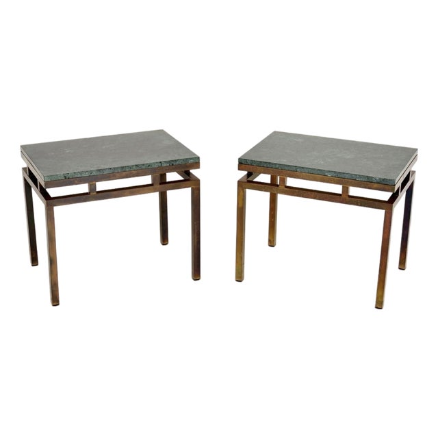 Vintage Italian Brass Side Tables with Marble Tops, 1970s, Set of 2 For Sale