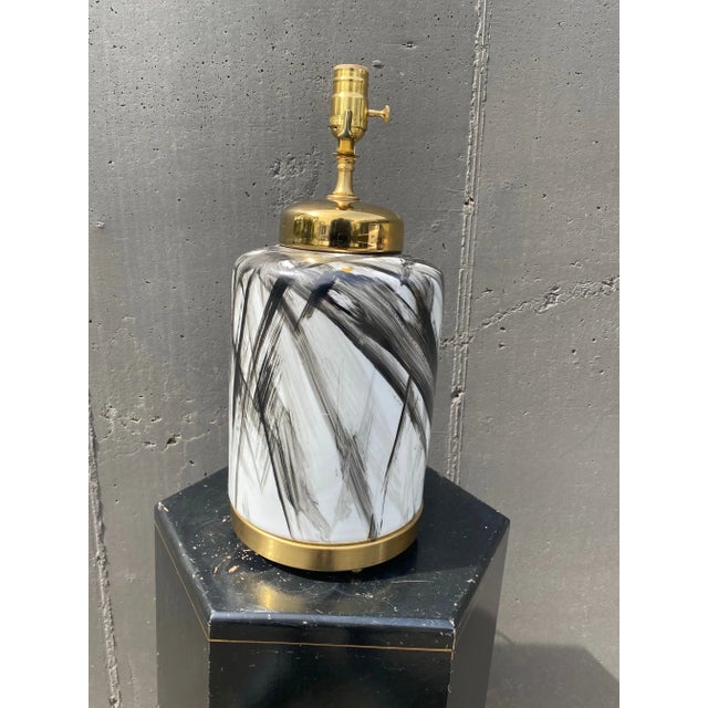 Transitional Pair of Contemporary Custom Made Black Brush Stroke on White Porcelain With Brass Hardware For Sale - Image 3 of 7