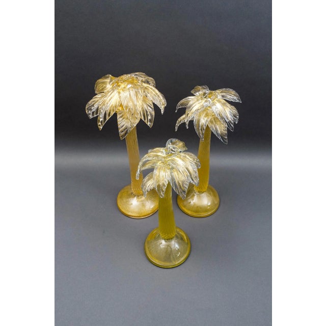 Signed Murano Italy Gold Fleck Glass Palm Tree Candlestick Candleholder Set Of 3 Measures approximately: Small: 5"...