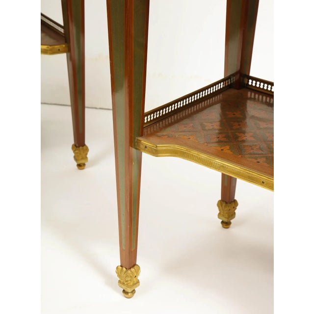 Exceptional Pair of French Ormolu-Mounted Parquetry and Marquetry Side Tables For Sale - Image 9 of 17