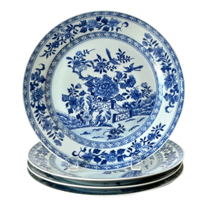 Vintage Asian Blue Flow Glazed Ceramic Plates - Set of 4