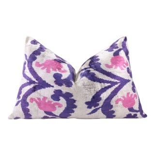 Purple & Pink Silk Velvet Ikat Lumbar Pillow 16x24 – Handmade For Sale