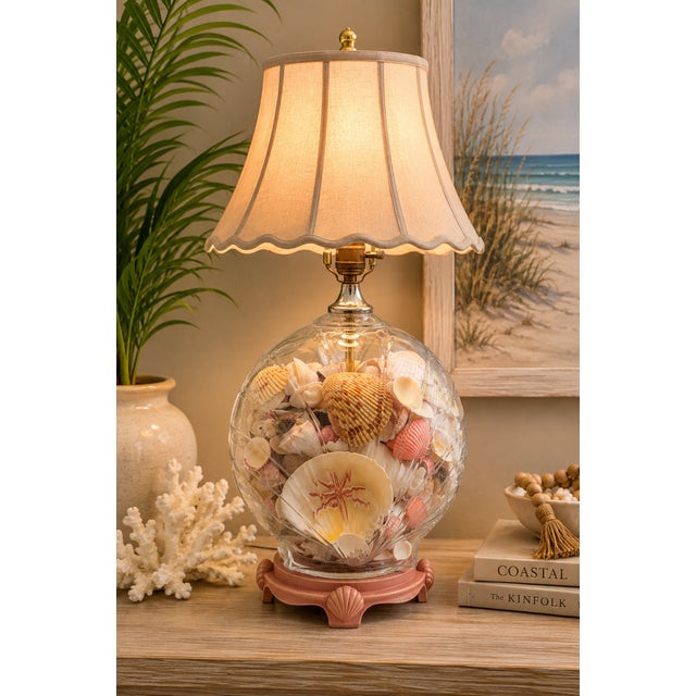 Vintage Seashell-Filled Glass Table Lamp With Pink Shell Base For Sale - Image 4 of 5