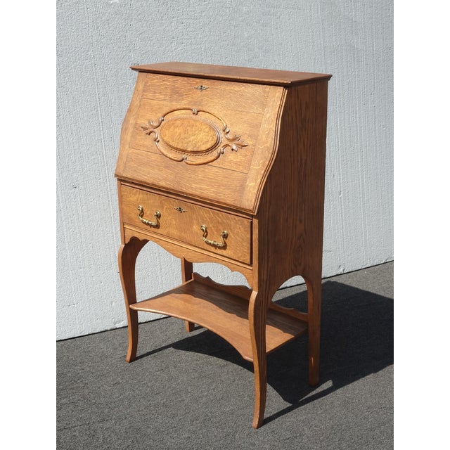 Antique Slant Front Drop Leaf Secretary Desk Quartersawn Oak With Mirror For Sale - Image 4 of 14