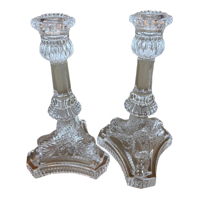 Pair of Tiffany & Co. Heavy Lead Crystal 8.25" Baroque Dolphin Candlesticks For Sale